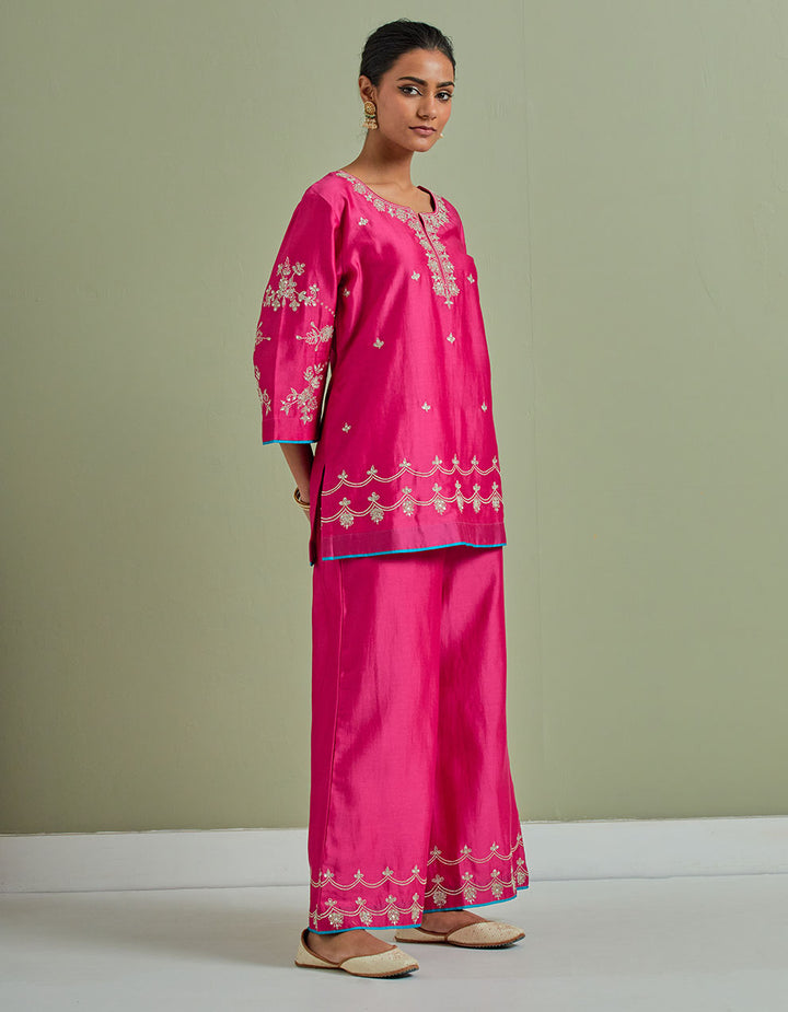 Pink embroidered chanderi silk kurta with palazzo -  Set of 2