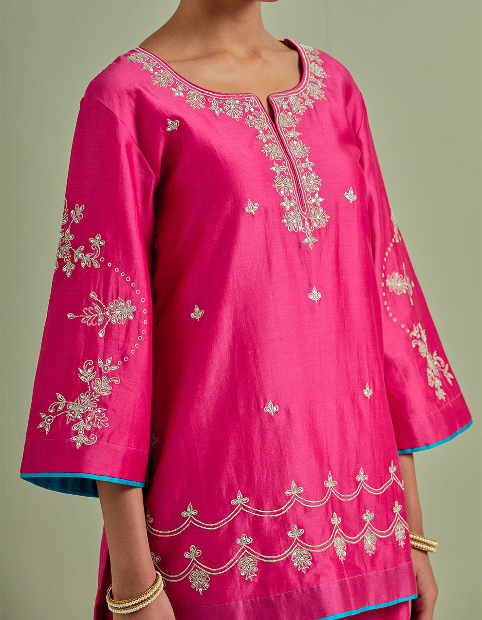 Pink embroidered chanderi silk kurta with palazzo and dupatta- Set of 3