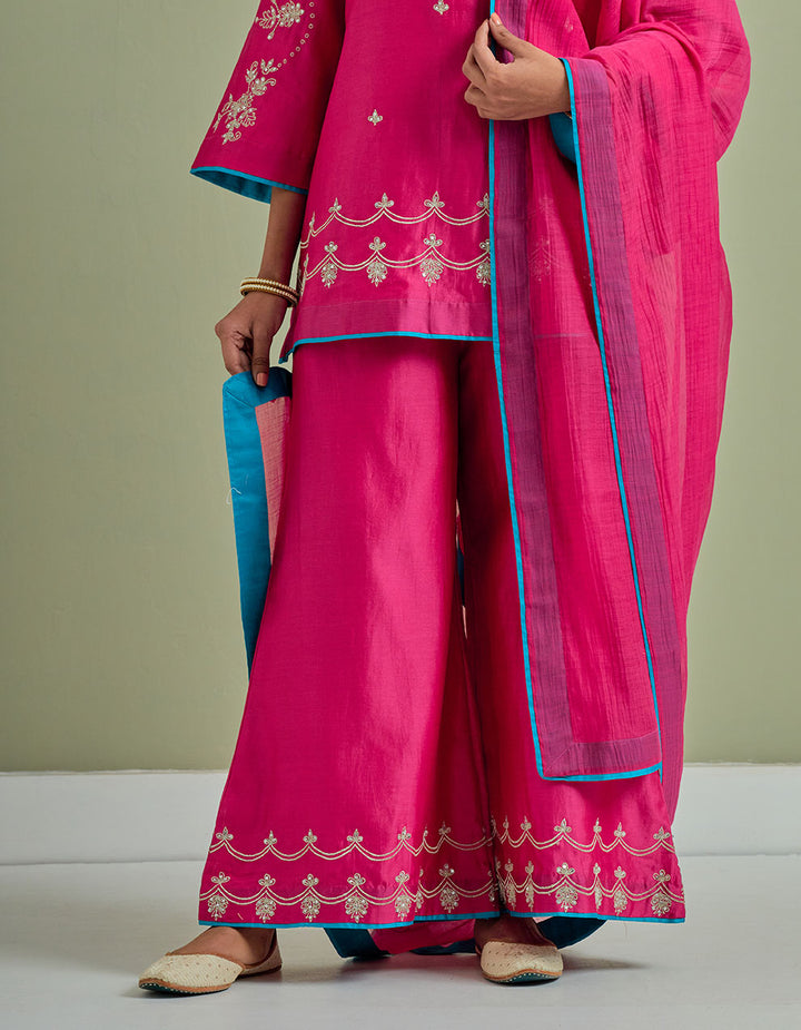 Pink embroidered chanderi silk kurta with palazzo -  Set of 2