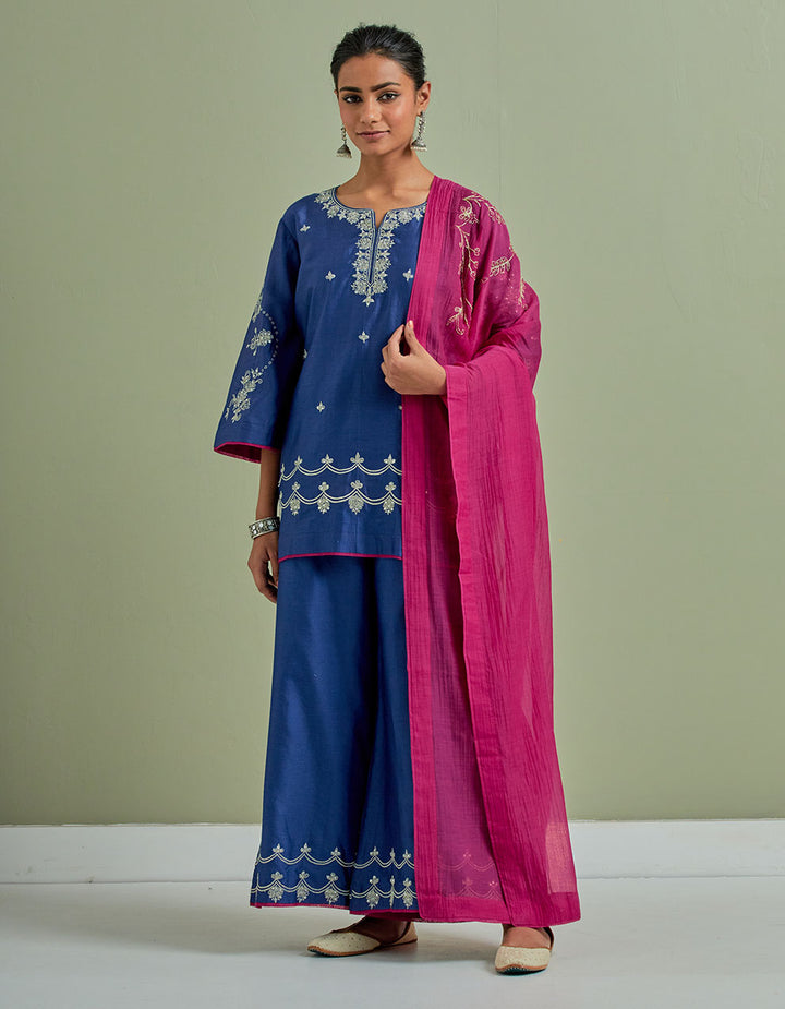 Blue embroidered chanderi silk kurta with palazzo and dupatta- Set of 3