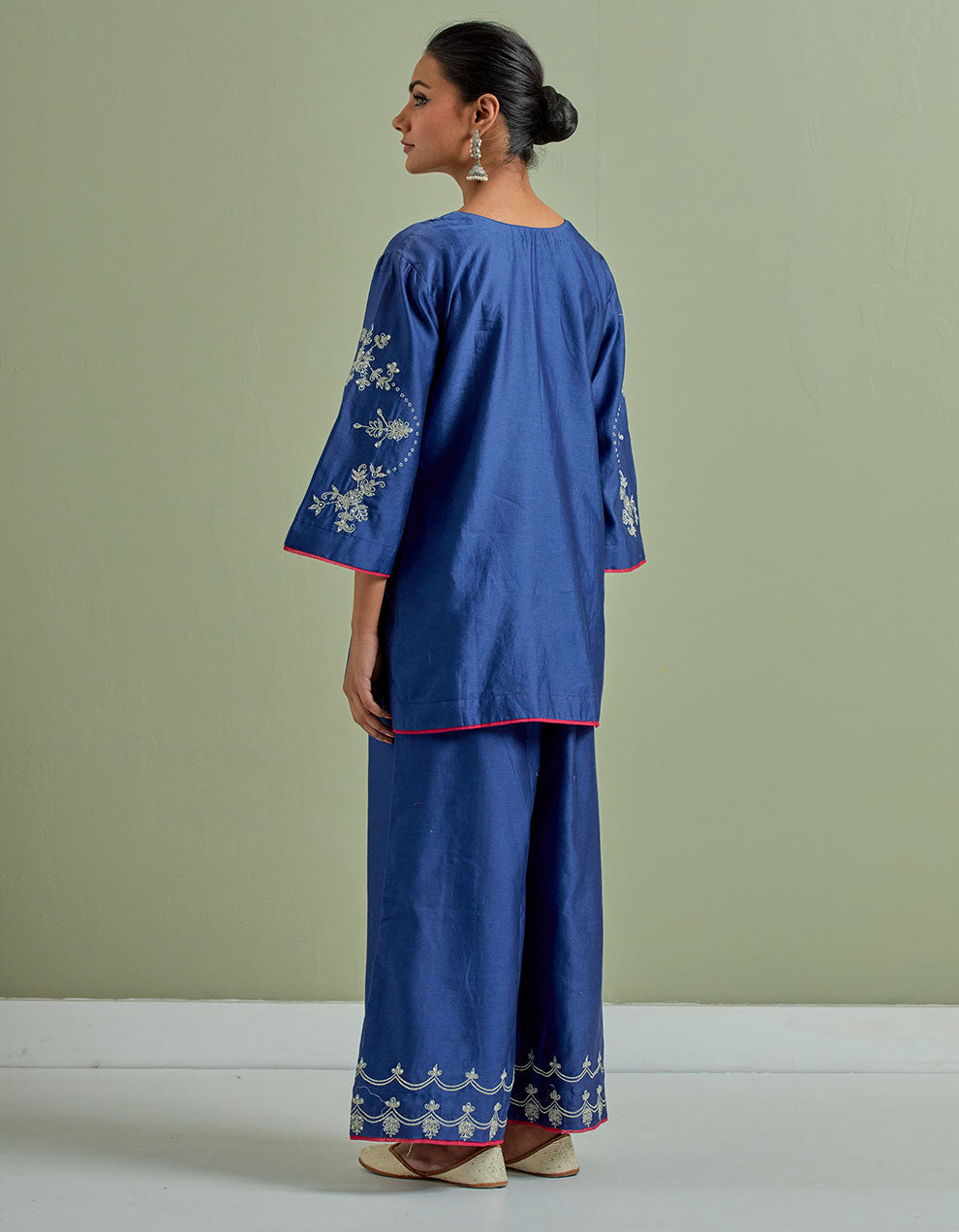 Blue embroidered chanderi silk kurta with palazzo and dupatta- Set of 3