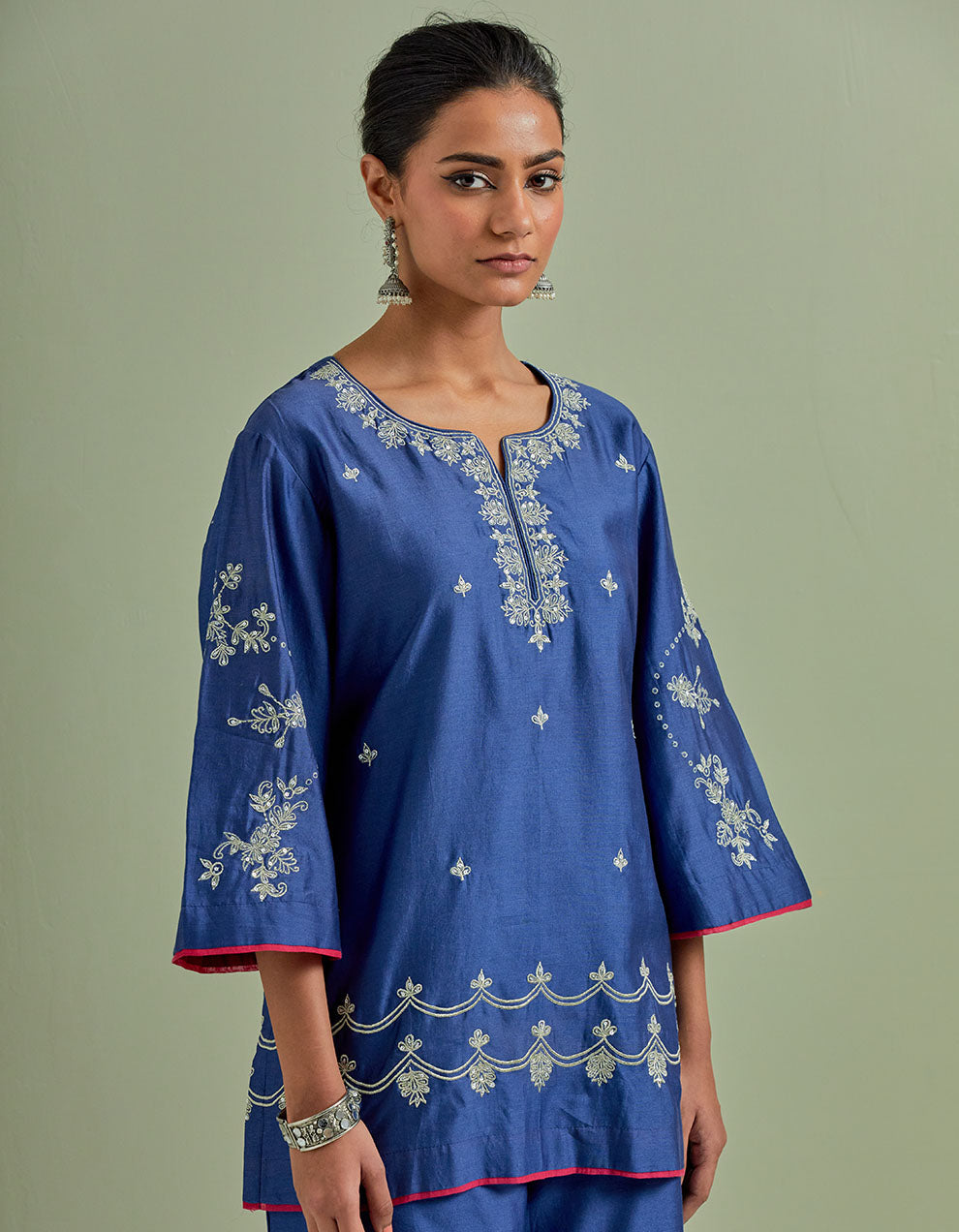 Blue embroidered chanderi silk kurta with palazzo - Set of 2