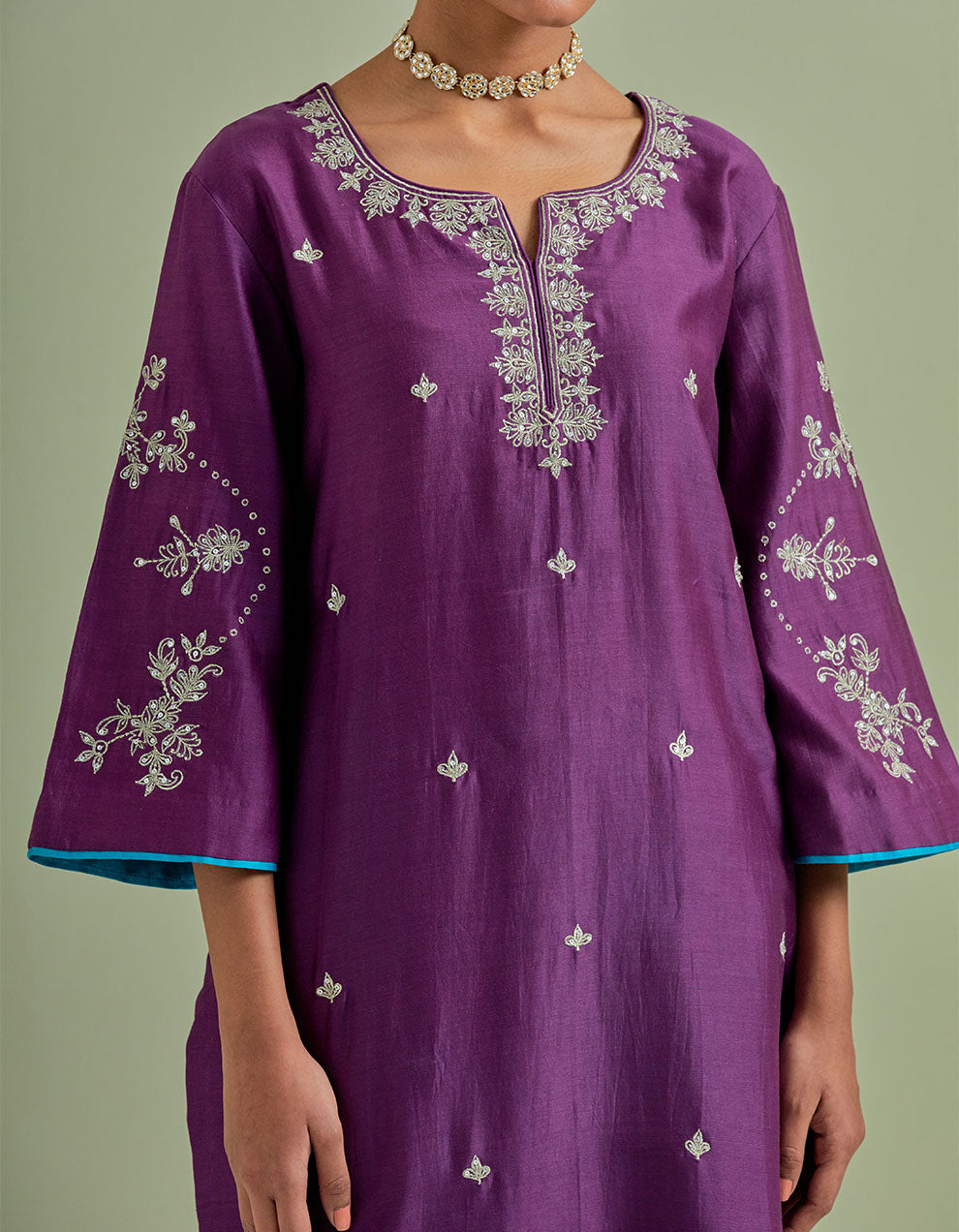 Purple embroidered chanderi silk kurta with palazzo and dupatta- Set of 3