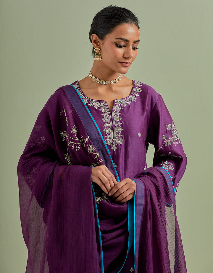 Purple embroidered chanderi silk kurta with palazzo and dupatta- Set of 3