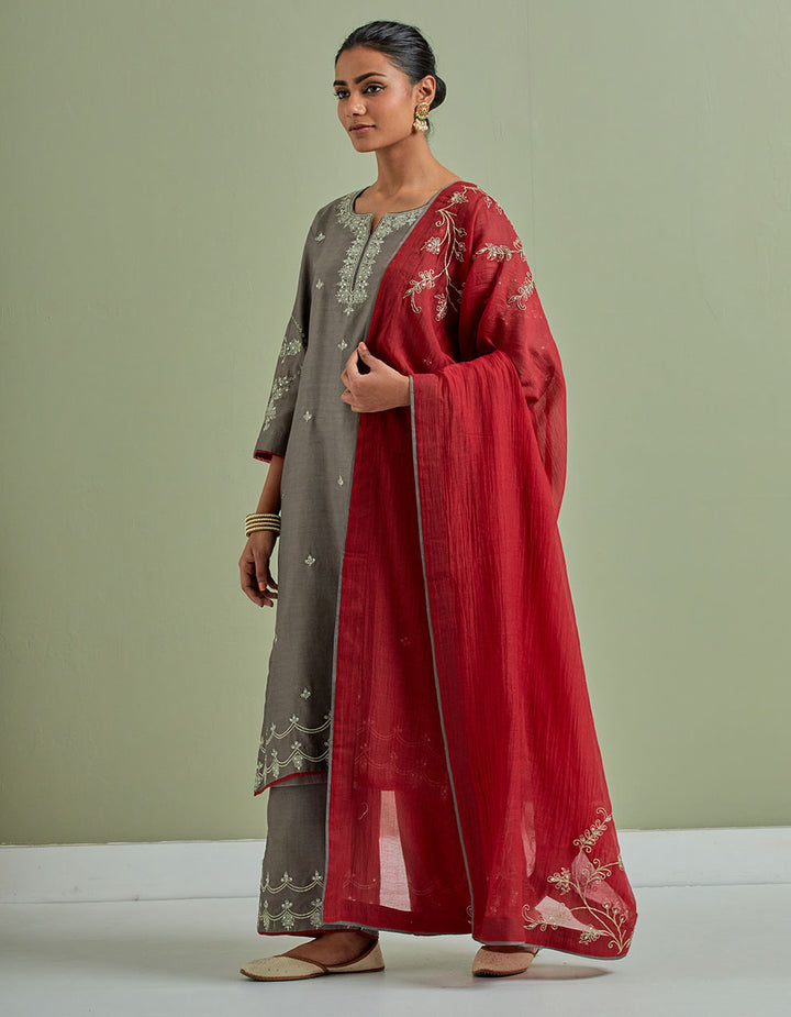 Grey embroidered chanderi silk kurta with palazzo and dupatta- Set of 3