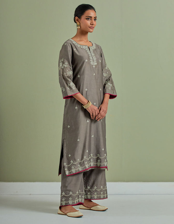 Grey embroidered chanderi silk kurta with palazzo and dupatta- Set of 3