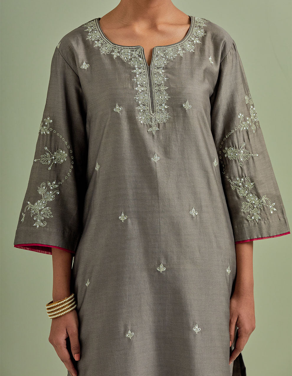 Grey embroidered chanderi silk kurta with palazzo and dupatta- Set of 3