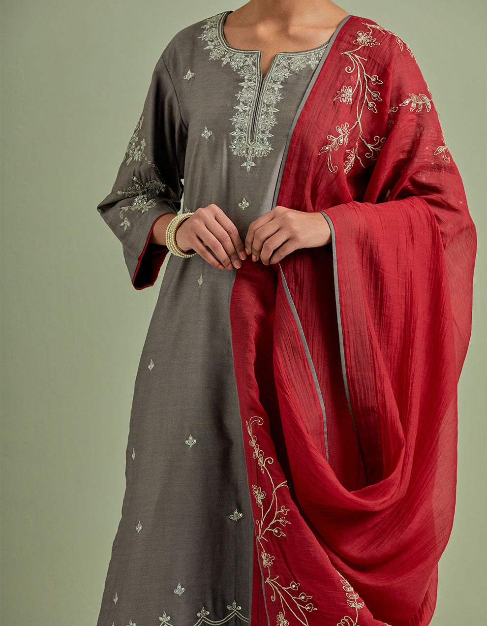 Grey embroidered chanderi silk kurta with palazzo - Set of 2