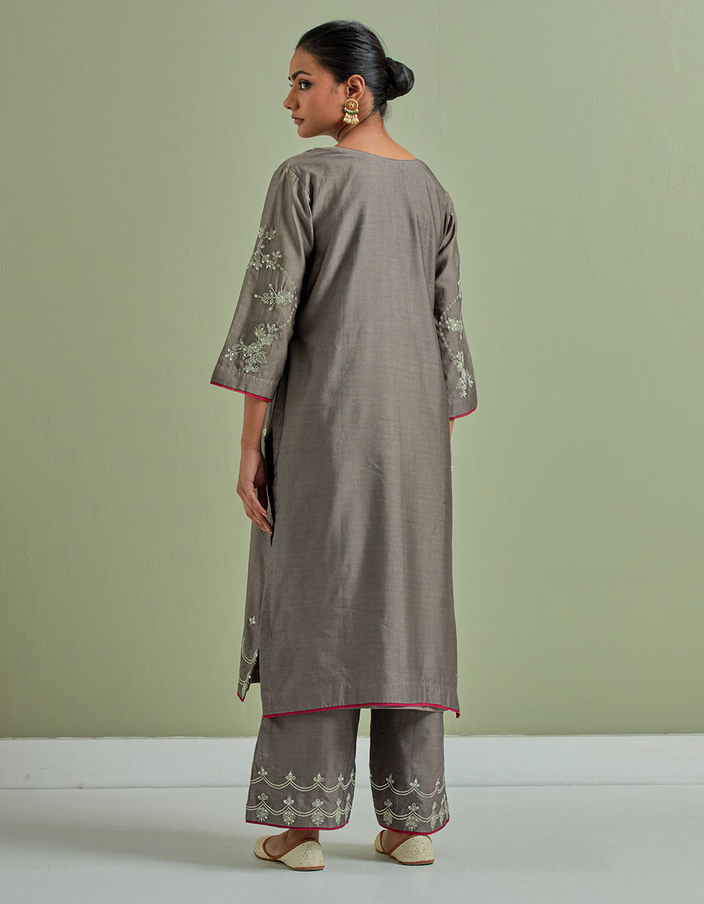 Grey embroidered chanderi silk kurta with palazzo and dupatta- Set of 3