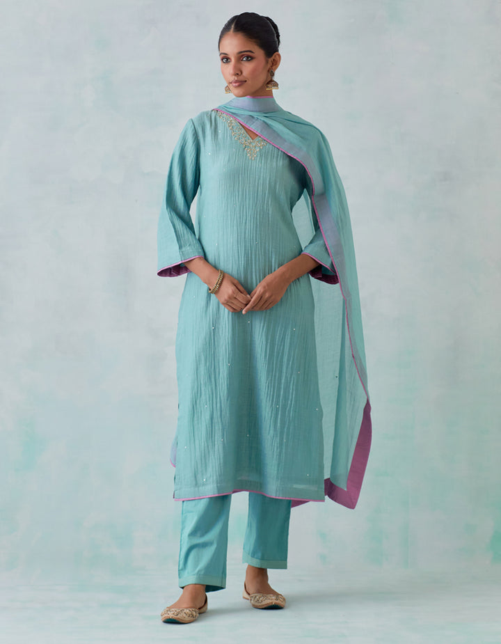 Teal blue embroidered chanderi  kurta with cotton pants and chanderi dupatta- Set of 3