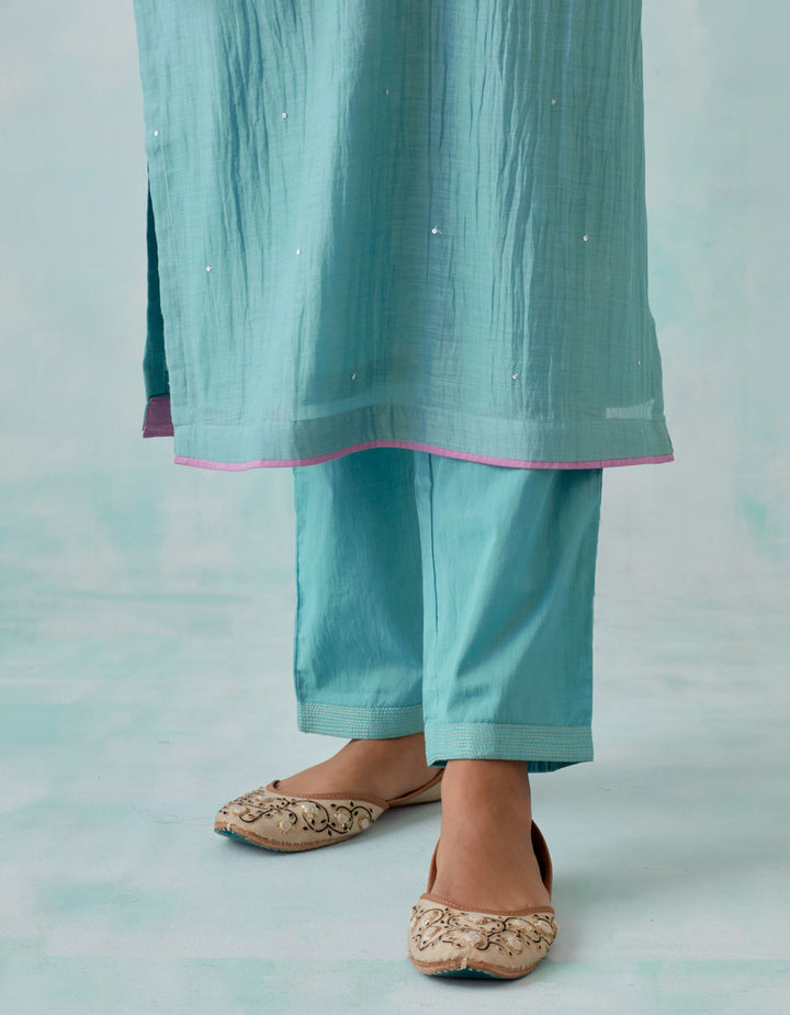 Teal blue embroidered chanderi  kurta with cotton pants - Set of 2