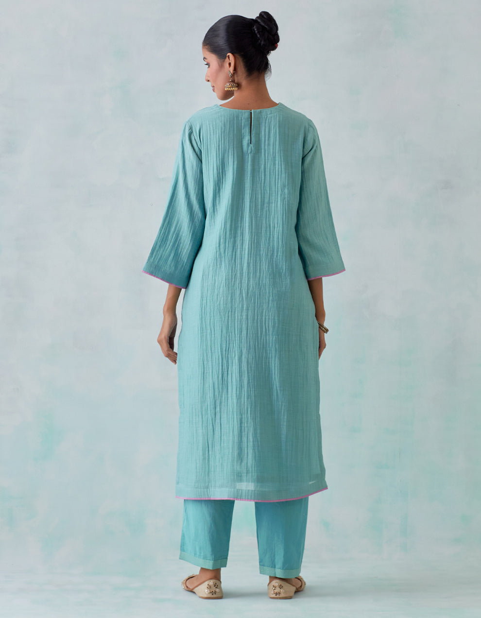 Teal blue embroidered chanderi  kurta with cotton pants and chanderi dupatta- Set of 3