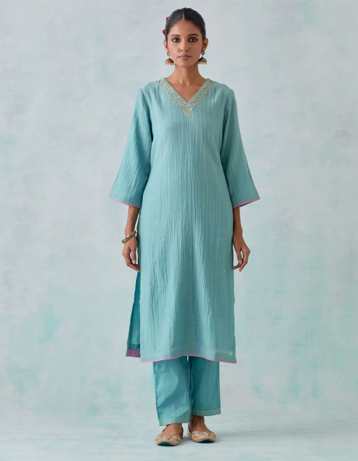 Teal blue embroidered chanderi  kurta with cotton pants and chanderi dupatta- Set of 3