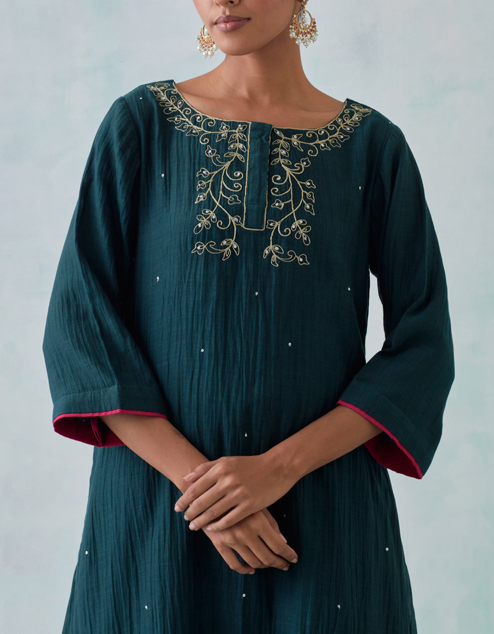 Green embroidered chanderi kurta