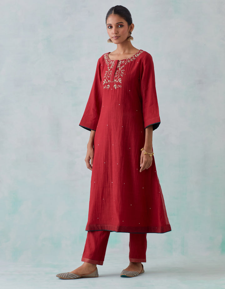 Maroon embroidered chanderi  kurta