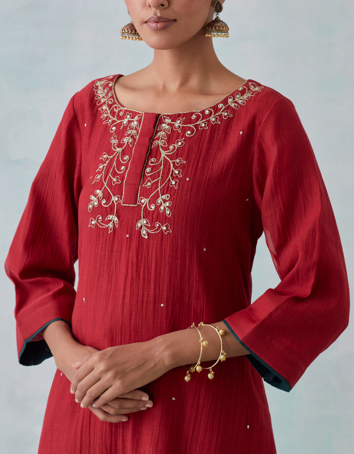 Maroon embroidered chanderi  kurta