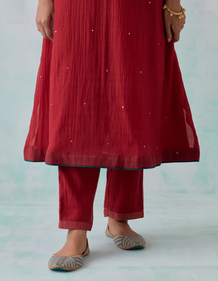 Maroon embroidered chanderi  kurta with cotton pants and chanderi dupatta- Set of 3