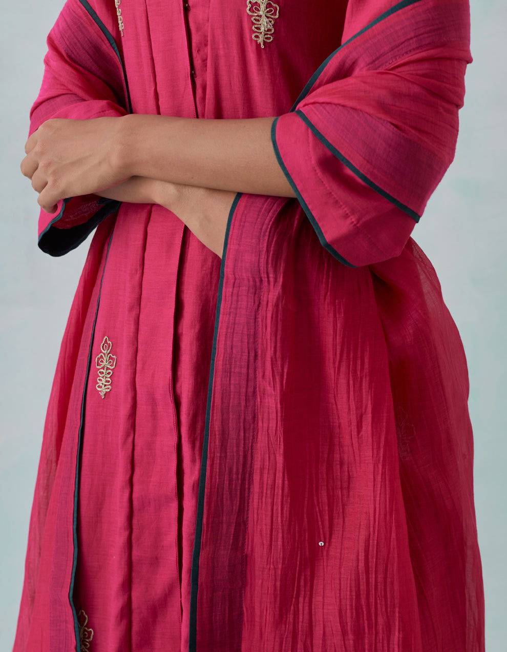 Magenta embroidered chanderi  kurta with cotton pants and chanderi dupatta- Set of 3