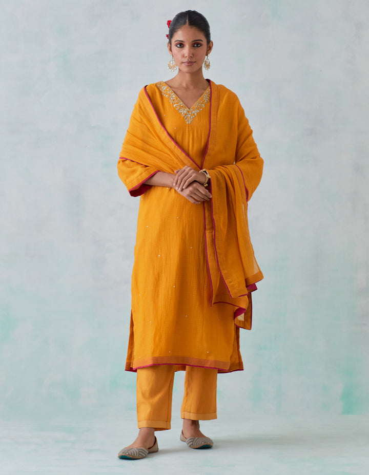 Mustard embroidered chanderi  kurta with cotton pants and chanderi dupatta- Set of 3