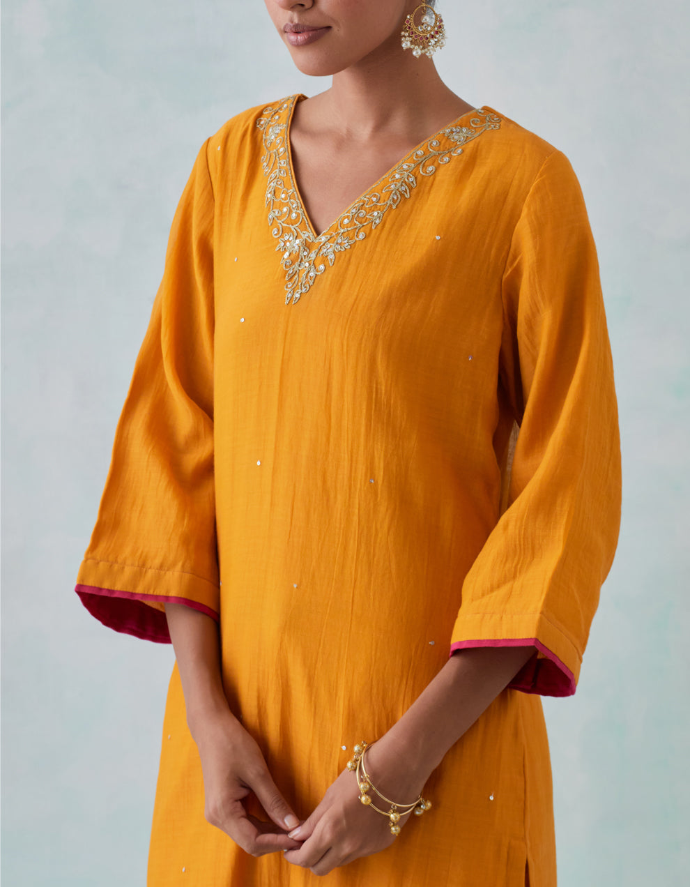 Mustard embroidered chanderi kurta