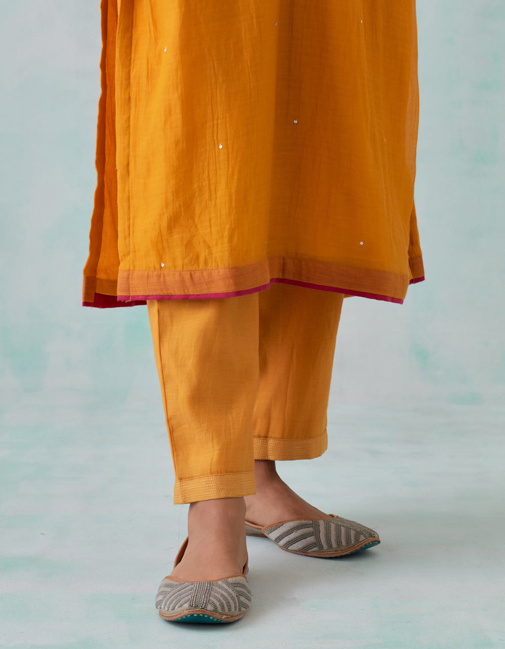 Mustard embroidered chanderi  kurta with cotton pants - Set of 2