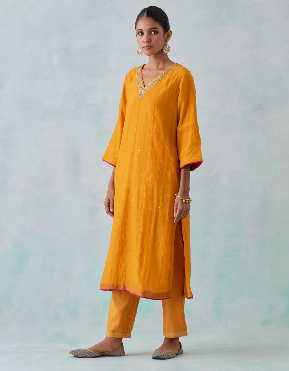 Mustard embroidered chanderi kurta