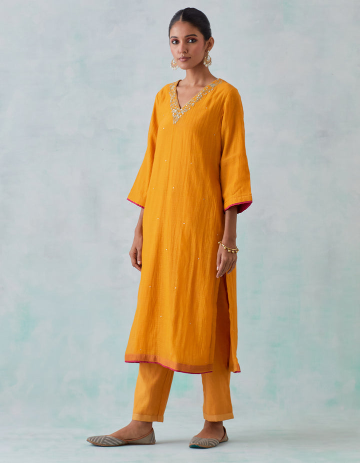 Mustard embroidered chanderi kurta