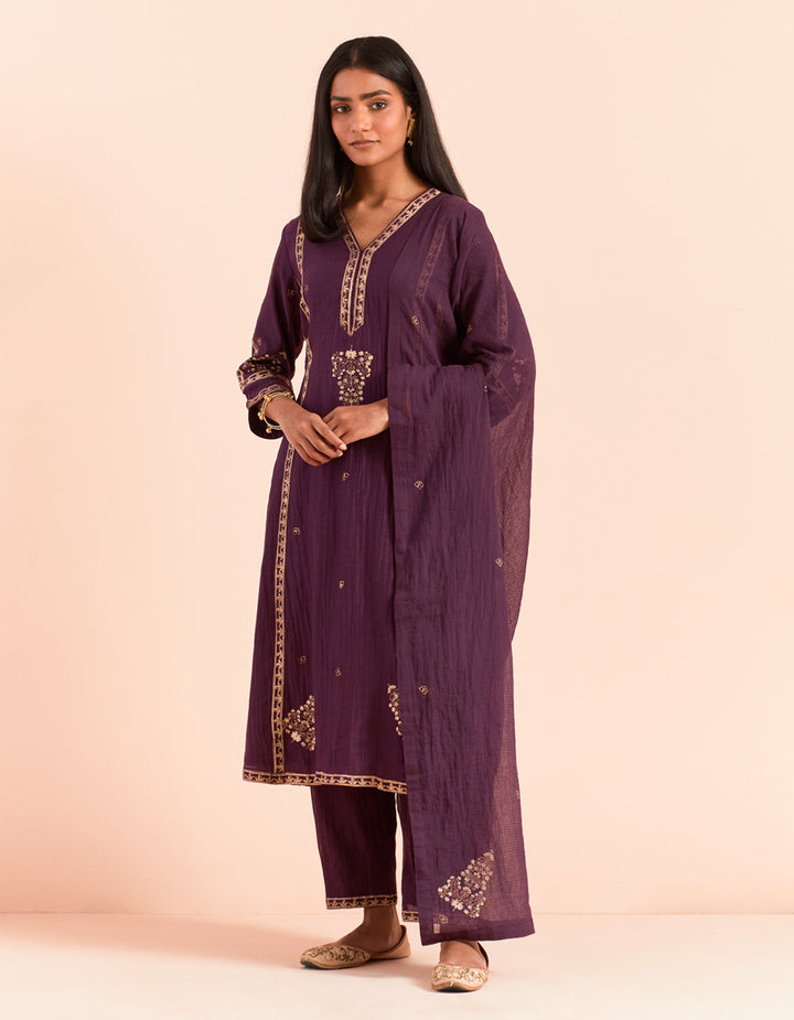 Purple block printed soft chanderi kurta with pants and dupatta- Set of 3