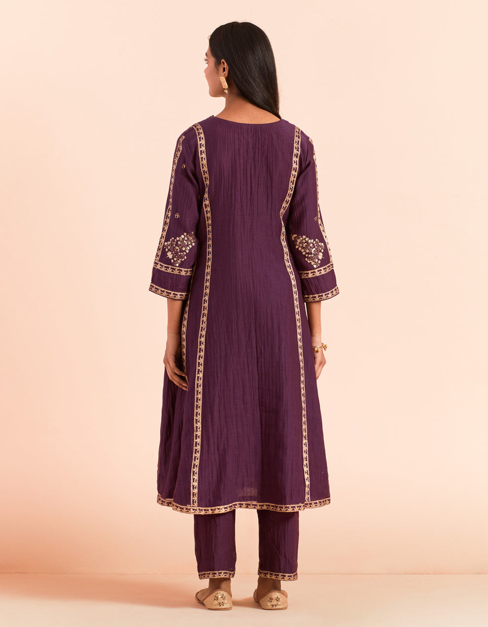 Purple block printed soft chanderi kurta with pants - Set of 2