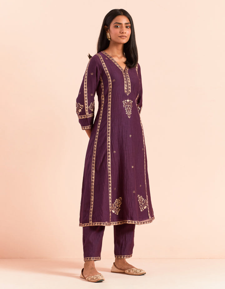 Purple block printed soft chanderi kurta