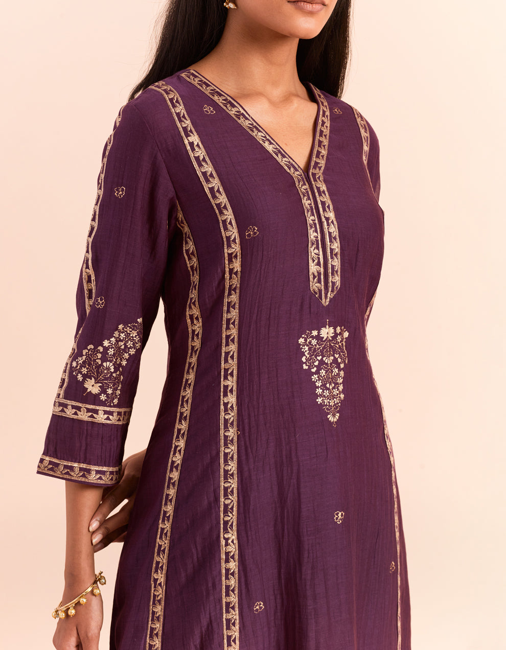 Purple block printed soft chanderi kurta with pants - Set of 2