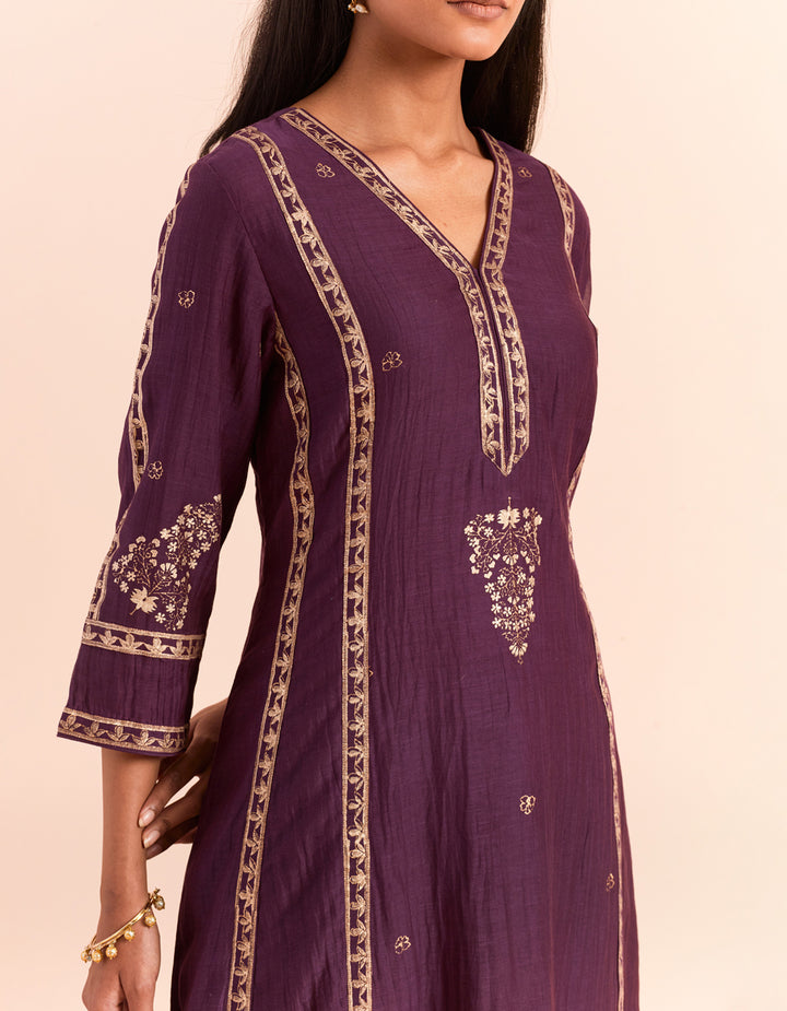 Purple block printed soft chanderi kurta with pants and dupatta- Set of 3