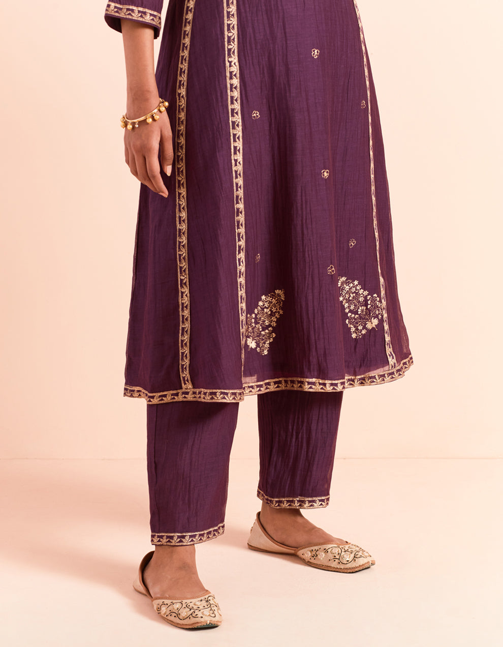 Purple block printed soft chanderi kurta with pants and dupatta- Set of 3