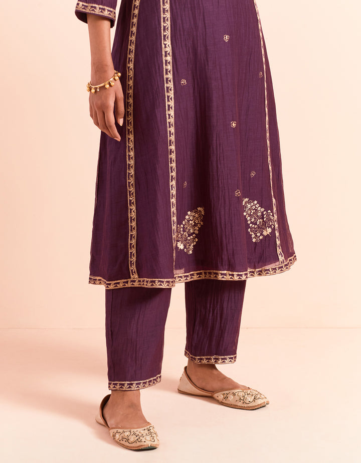 Purple block printed soft chanderi kurta with pants - Set of 2