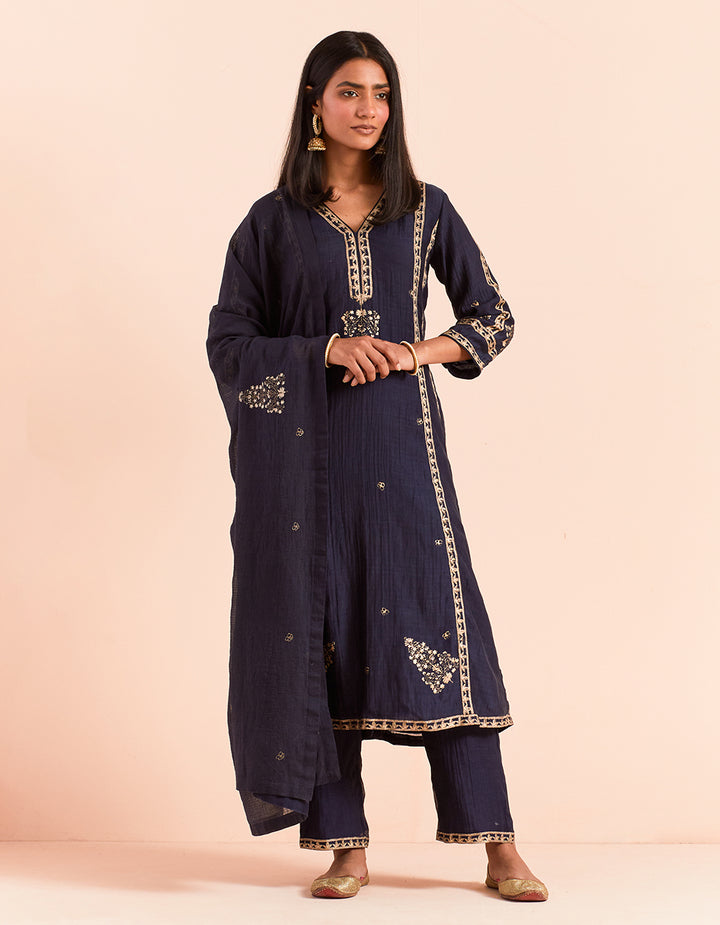 Blue block printed soft chanderi kurta with pants - Set of 2