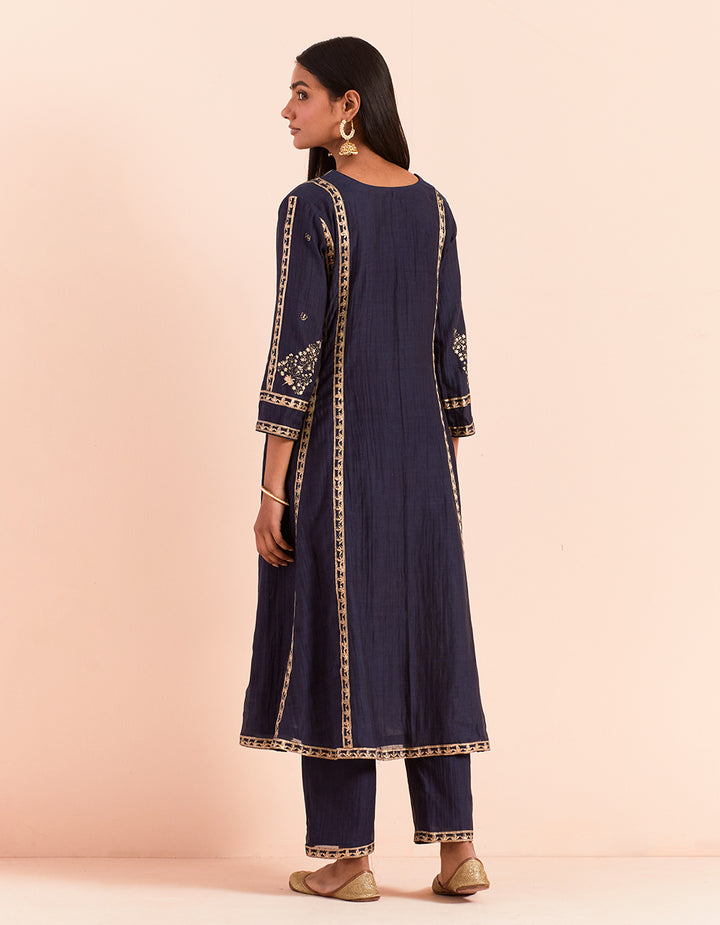 Blue block printed kurta with pants and dupatta- Set of 3