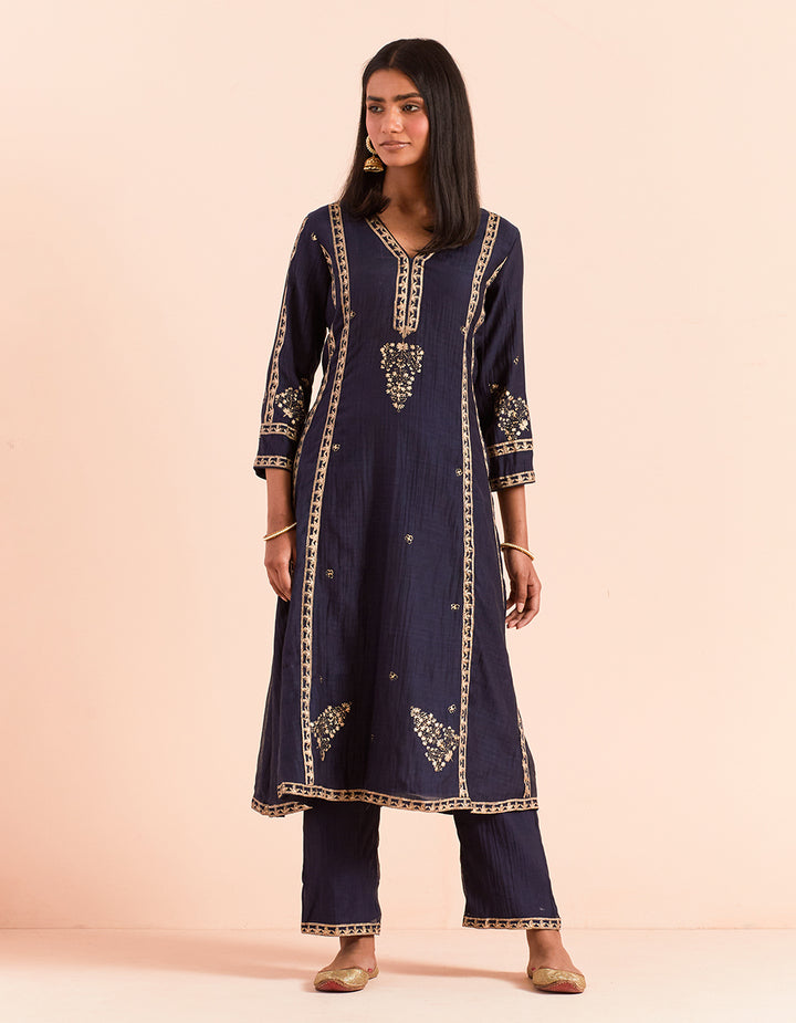 Blue block printed soft chanderi kurta with pants - Set of 2