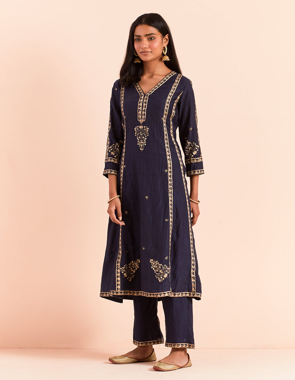 Blue block printed soft chanderi kurta with pants - Set of 2