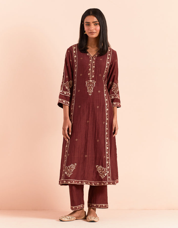 Red block printed soft chanderi kurta