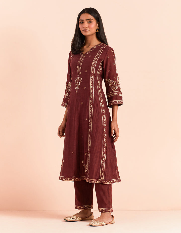 Red block printed soft chanderi kurta with pants and dupatta- Set of 3