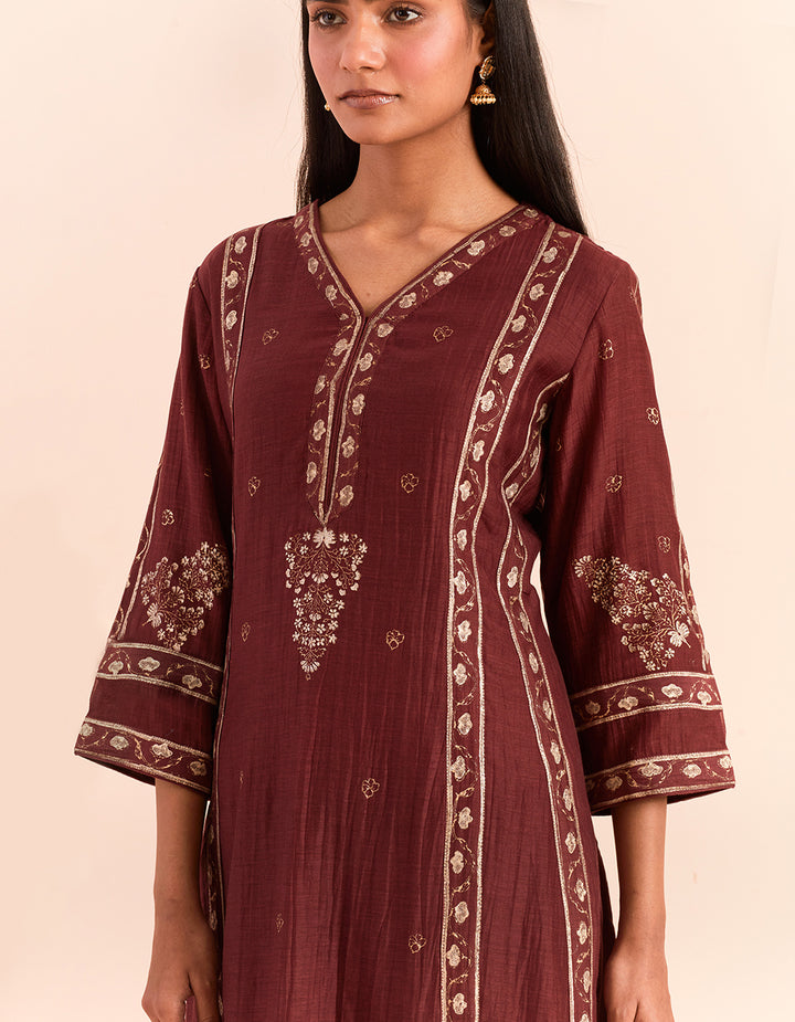 Red block printed soft chanderi kurta