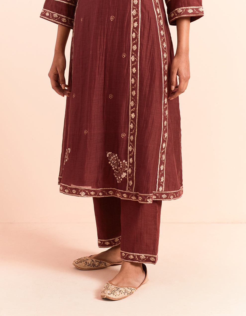 Red block printed soft chanderi kurta