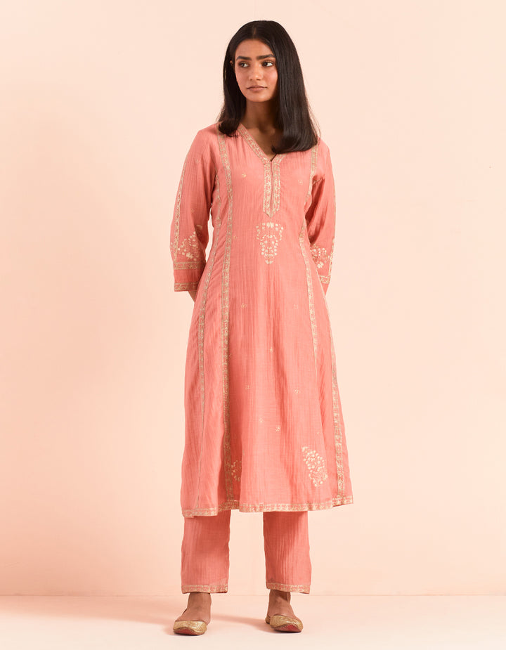 Peach block printed soft chanderi kurta