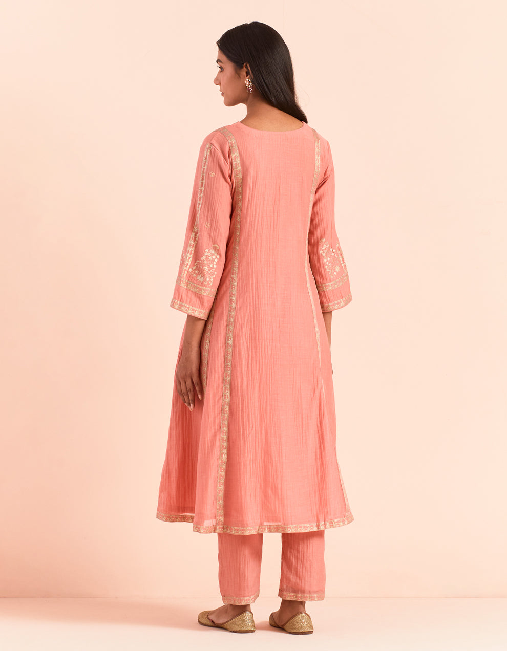 Peach block printed soft chanderi kurta