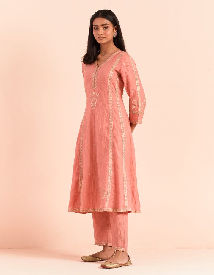 Peach block printed soft chanderi pant