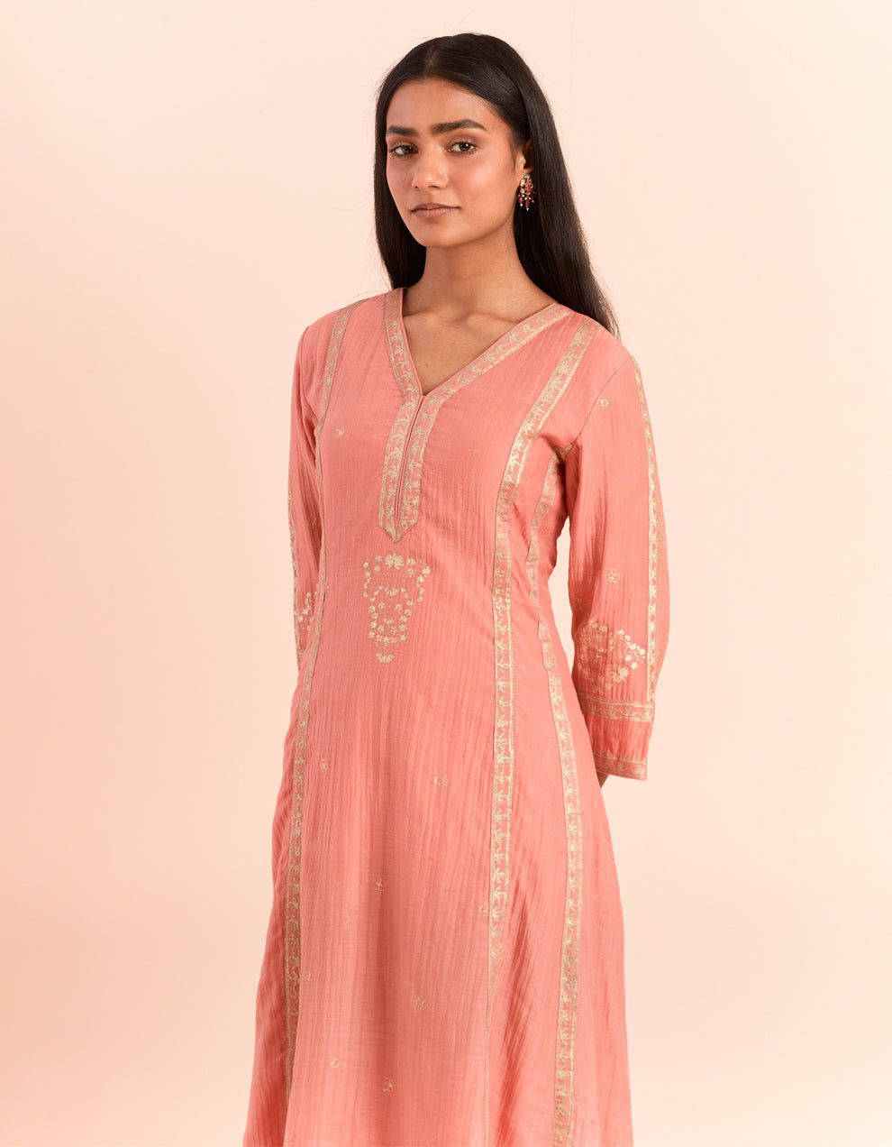 Peach block printed soft chanderi kurta with pants - Set of 2