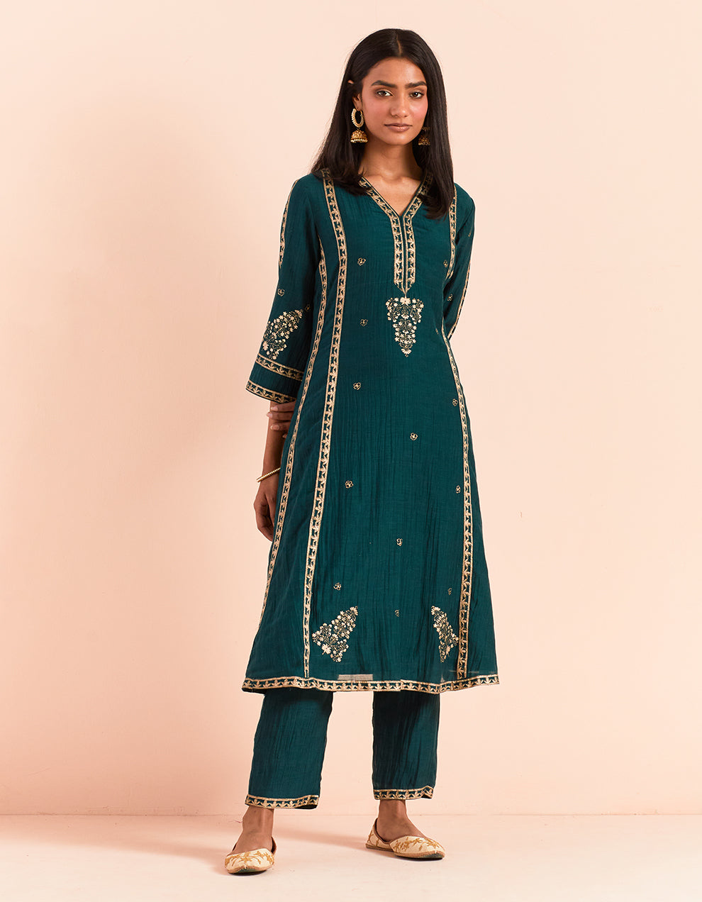 Green block printed soft chanderi kurta