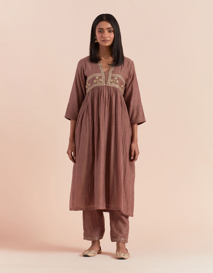 Brown embroidered soft chanderi kurta with pants - Set of 2