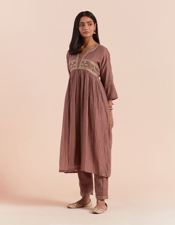 Brown embroidered soft chanderi kurta