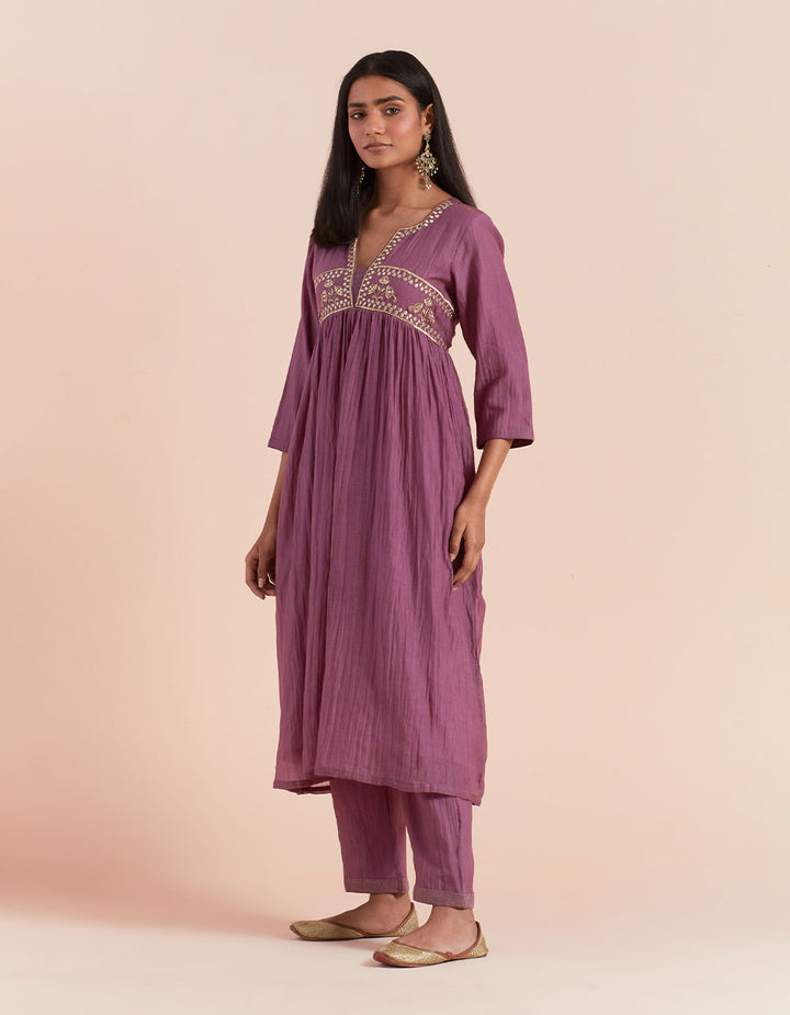 Purple embroidered soft chanderi kurta with pants - Set of 2